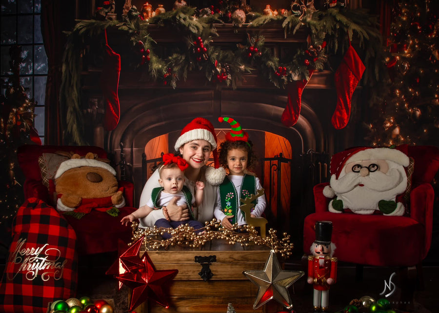 Avezano Christmas Tree and Fireplace Decoration Photography Backdrop