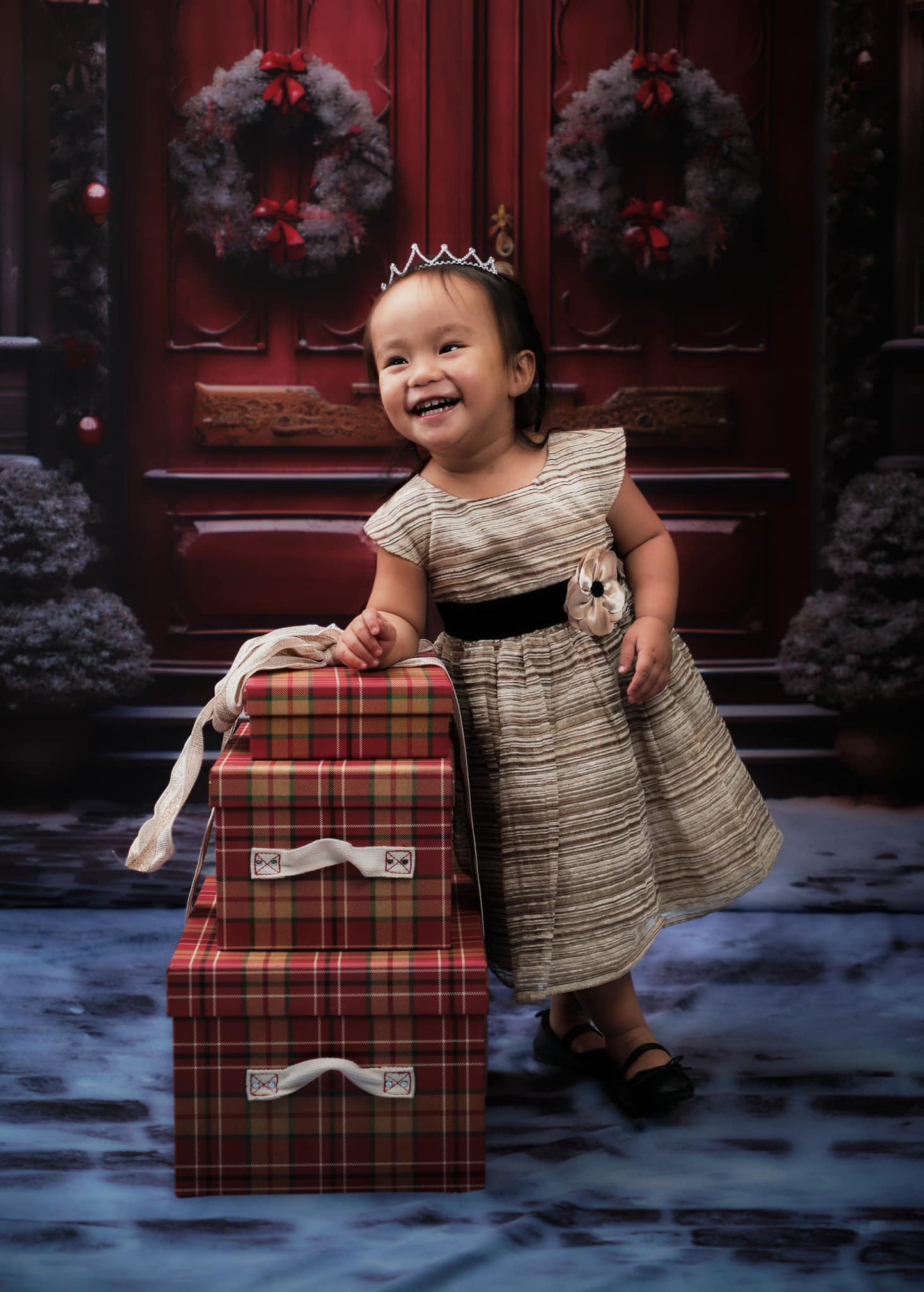 Portes rouges d'Avezano décorées de couronnes de Noël, toile de fond pour photographie 