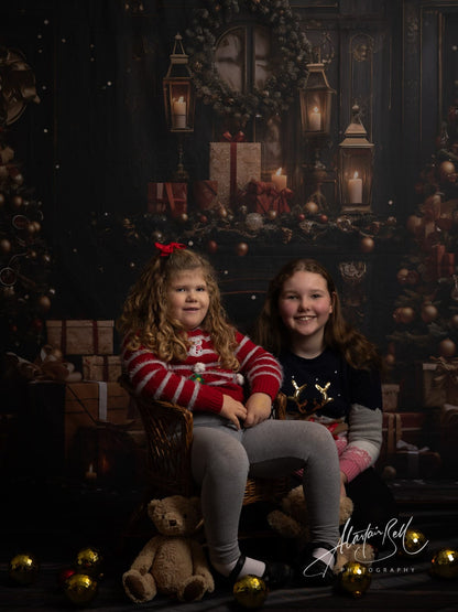 Avezano Vintage Christmas Fireplace and Gifts Photography Backdrop