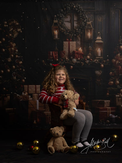 Avezano Vintage Christmas Fireplace and Gifts Photography Backdrop