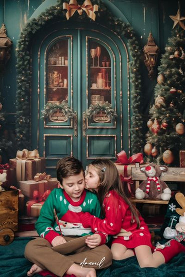 Toile de fond pour photographie d'un magnifique sapin de Noël et d'une boutique de cadeaux d'Avezano 