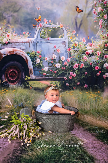 Avezano Spring Dilapidated Truck and Flowers Butterflies 2 pcs Set Backdrop