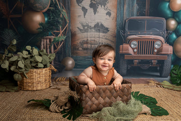 Avezano Green Golden Balloon Arch and Old Brown Truck Cake Smash Photography Background