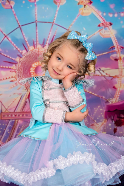Fond de photographie de fête avec grande roue rose et lumières colorées d'Avezano