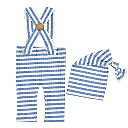 Avezano Newborn Striped Overalls Knotted Hat Photography Outfit Set