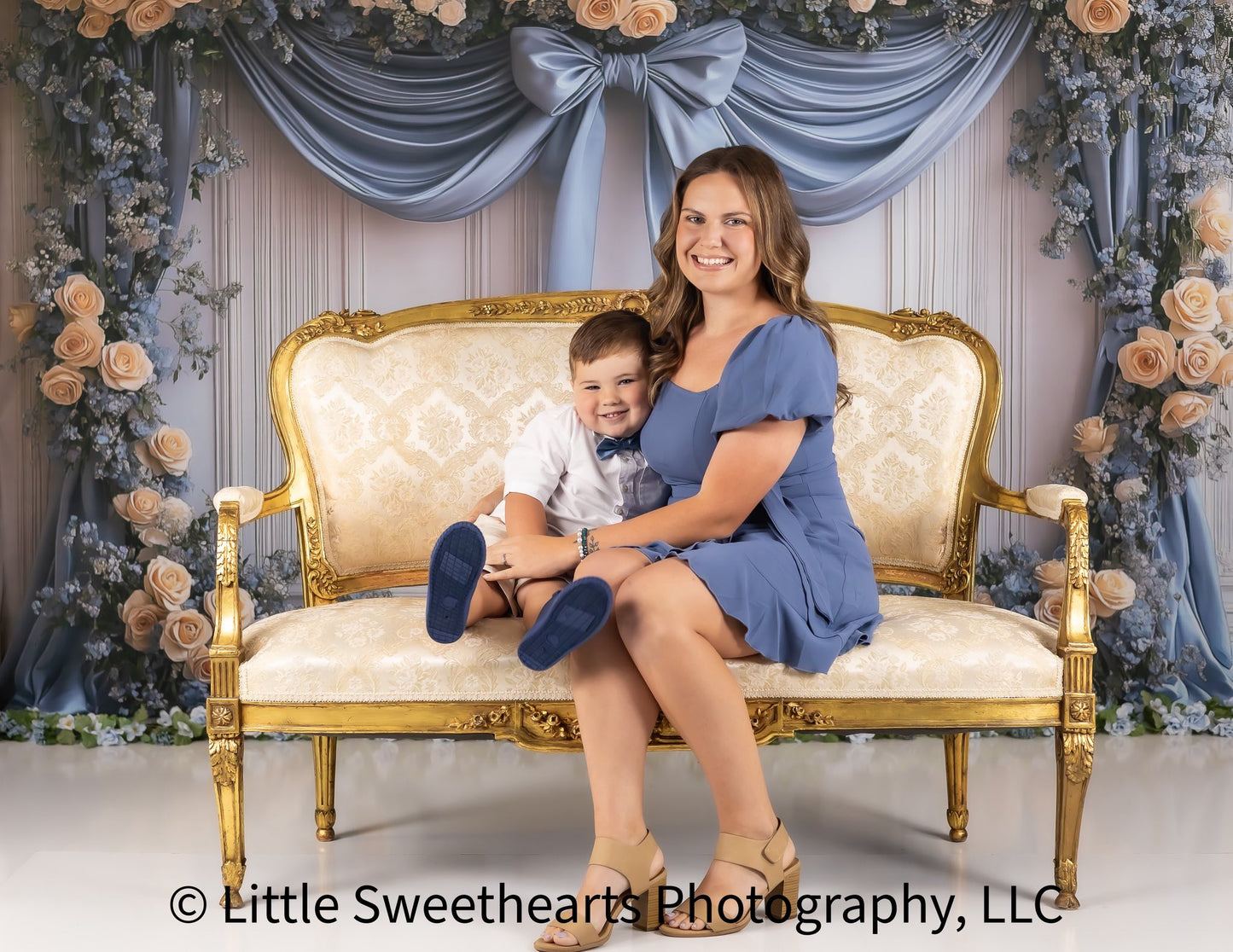 Avezano Blue Curtains and Yellow Roses Photography Backdrop