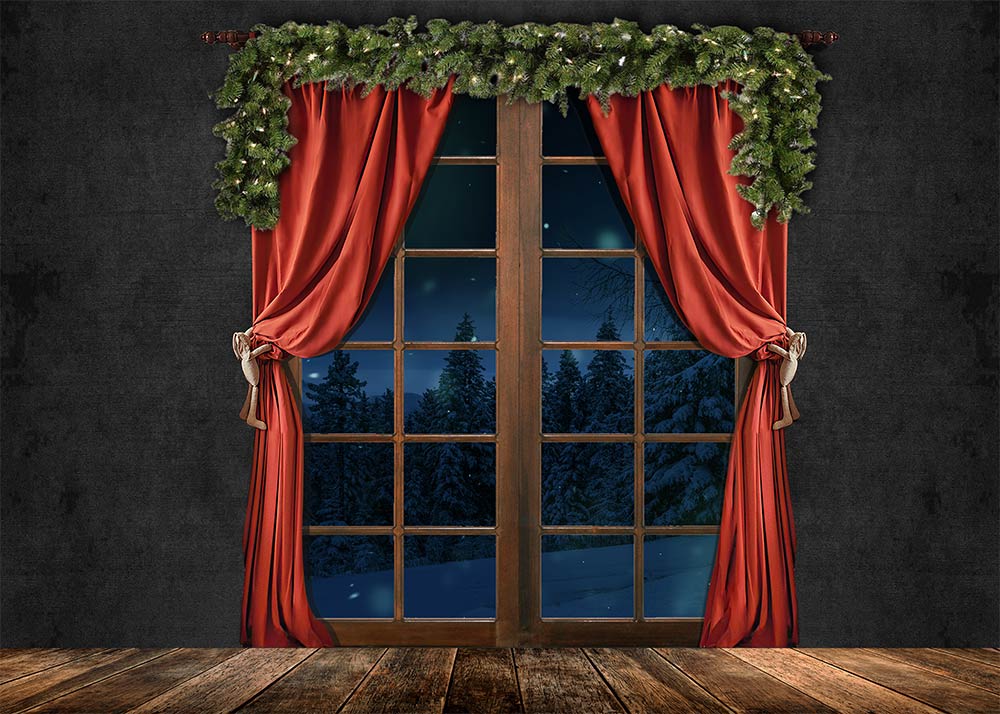 VIP Clearance Sale Avezano Christmas Winter Window Red Curtain Photography Backdrop
