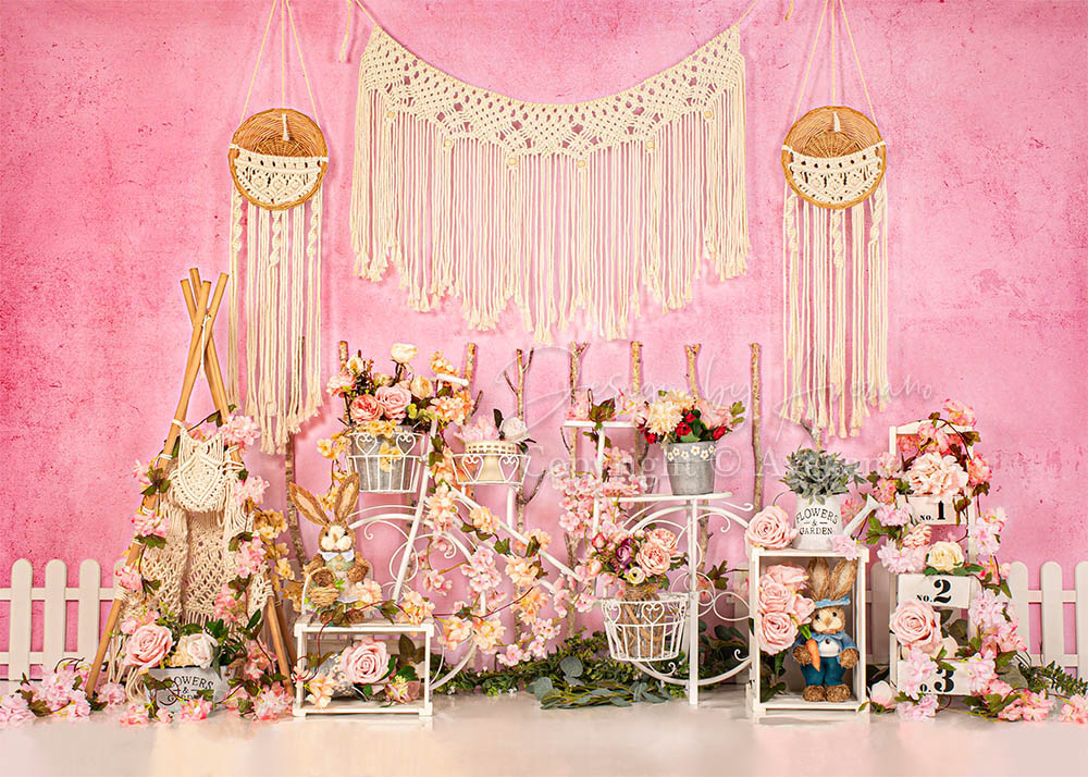 VIP Clearance Sale Avezano Pink Boho Rabbit Floral Photography Backdrop