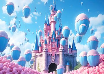 Avezano Pink Castle and Blue Hot Air Balloon Birthday Photography Background
