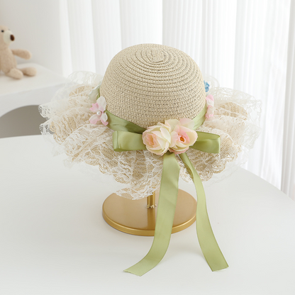 Avezano Girls Lace Flower Straw Hat with Ribbon Kids Photography Prop