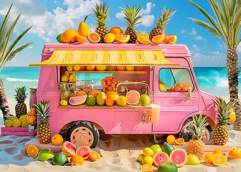 Toile de fond pour photographie de chariot de fruits roses d'été d'Avezano