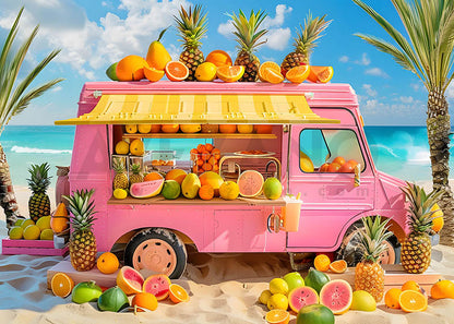 Toile de fond pour photographie de chariot de fruits roses d'été d'Avezano