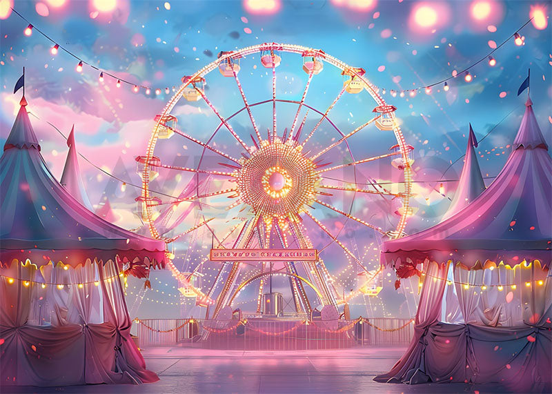 Fond de photographie de fête avec grande roue rose et lumières colorées d'Avezano