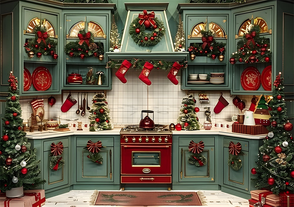 Avezano Christmas Kitchen Green Decorative Wreath Photography Backdrop
