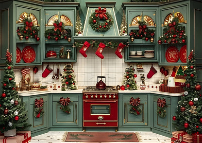 Avezano Christmas Kitchen Green Decorative Wreath Photography Backdrop