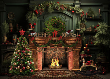 Avezano Christmas Wreath and Fireplace Photography Backdrop