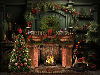 Clearance Sale Avezano Dark Green Christmas Fireplace Photography Backdrop