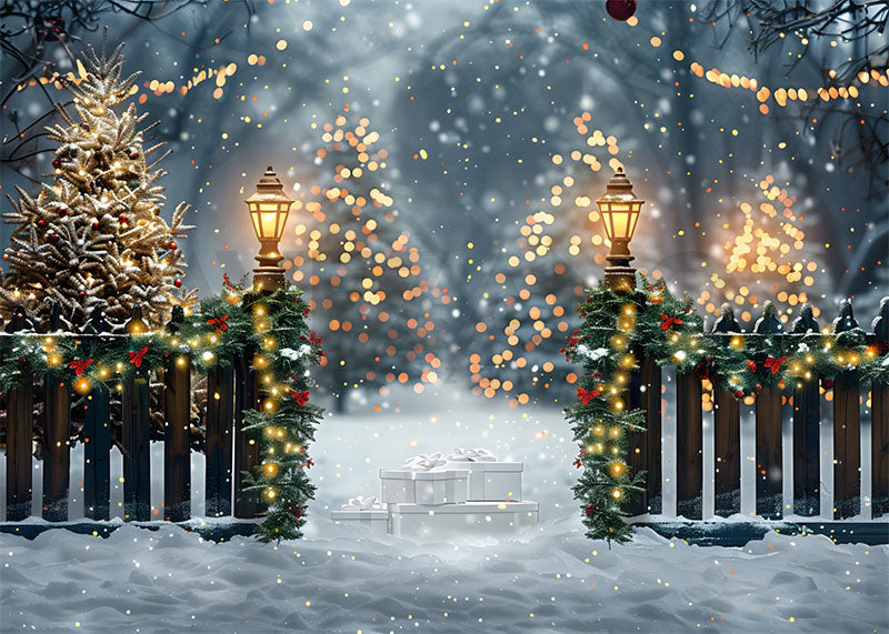 Toile de fond pour photographie d'arbres et de lumières de Noël à Avezano