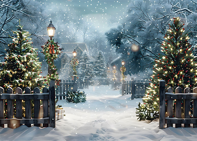 Toile de fond pour photographie de Noël avec neige et maisons à Avezano