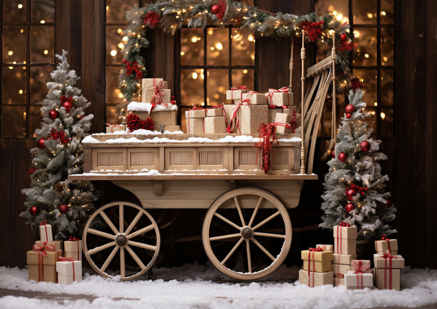 Avezano Christmas Tree Gift Wooden Cart Snow 2 pcs Set Backdrop