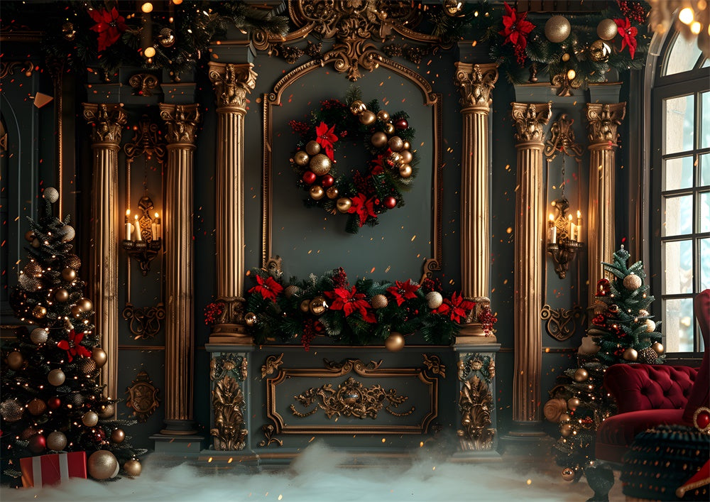 Couronnes de Noël et mur sculpté d'Avezano, ensemble de 2 pièces, toile de fond