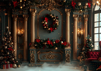 Couronnes de Noël et mur sculpté d'Avezano, ensemble de 2 pièces, toile de fond