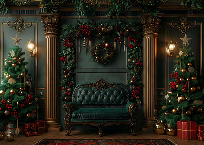 Toile de fond pour photographie de l'arbre de Noël et de la salle des cadeaux d'Avezano