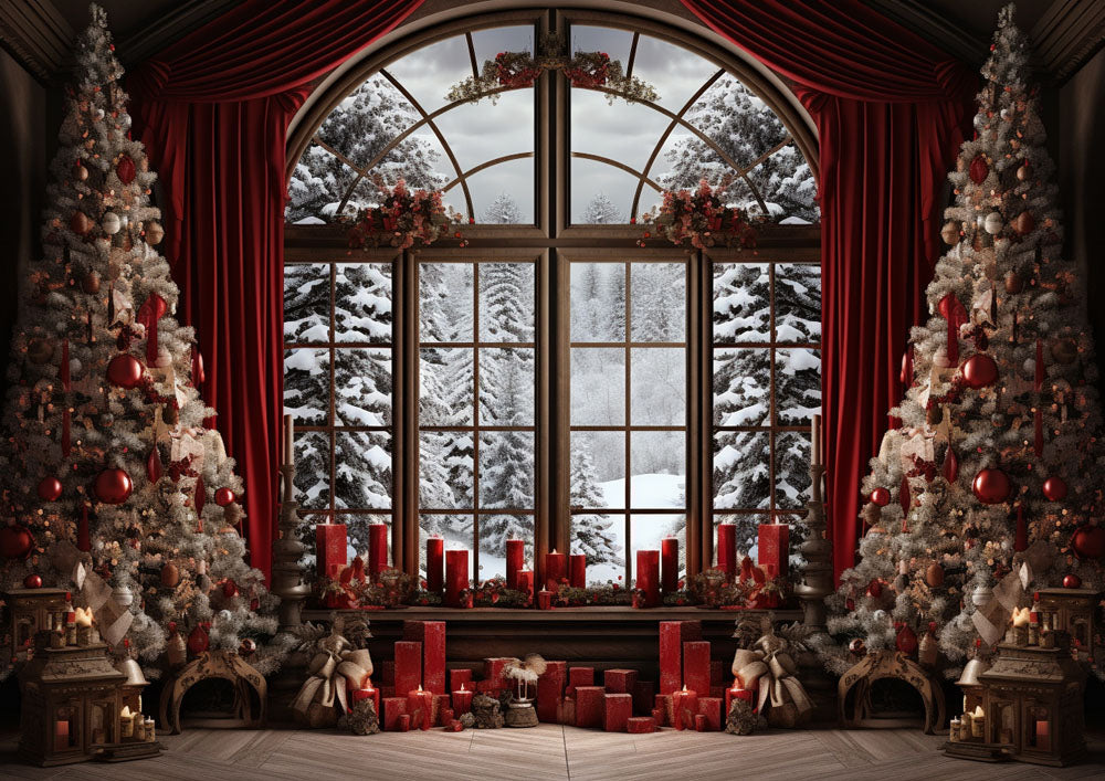Avezano Christmas Tree Gift Red Curtain Room 2 pcs Set Backdrop