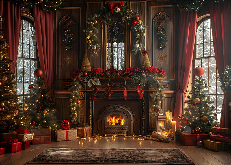 Avezano Christmas Room and Burning Fireplace Photography Backdrop