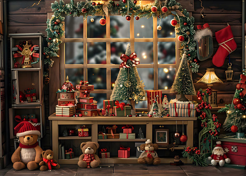 Avezano Presents on the Windowsill Wooden Table and a Christmas Tree Photography Backdrop