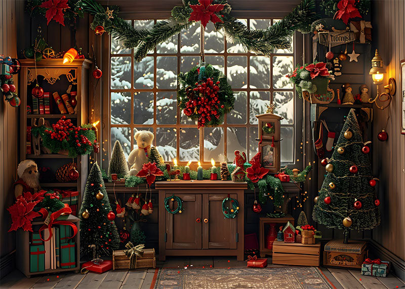 Toile de fond pour photographie de rebord de fenêtre et d'arbre de Noël d'Avezano 