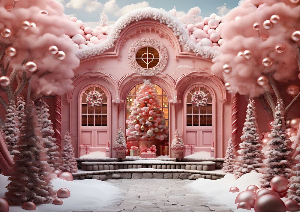 Avezano Pink Christmas House and Tree Photography Backdrop