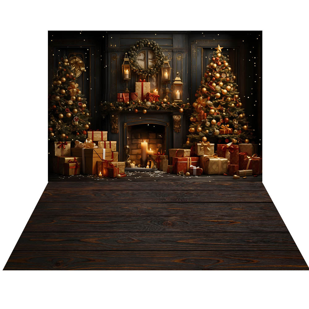 Avezano Christmas Trees and Burning Fireplaces 2 pcs Set Backdrop
