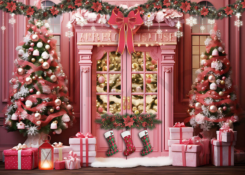 Avezano Pink Christmas Bow Shop Photography Backdrop