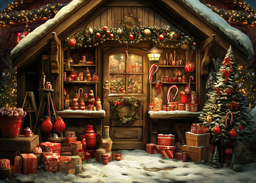 Avezano Decorate the Wooden House with Christmas Trees and Gifts Photography Backdrop