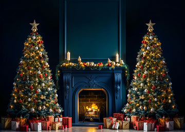 Avezano Christmas Tree and Blue Fireplace Photography Backdrop
