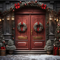 Avezano Red Doors Decorated with Christmas Wreaths Photography Backdrop