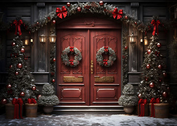 Avezano Red Doors Decorated with Christmas Wreaths Photography Backdrop