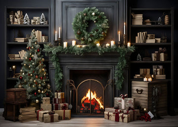 Avezano Christmas Fireplace Green Wreath Photography Backdrop