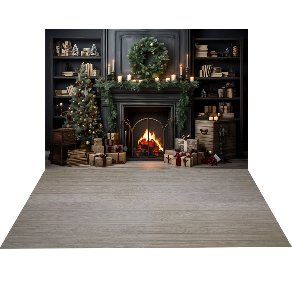 Avezano Christmas Fireplace Interior 2 pcs Set Backdrop holiday gift
