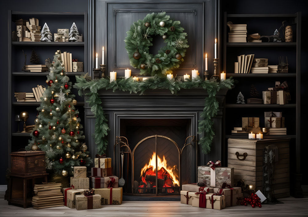 Avezano Christmas Fireplace and Bookshelf 2 pcs Set Backdrop