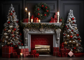 Avezano Christmas Tree Fireplace Red and Presents Photography Backdrop