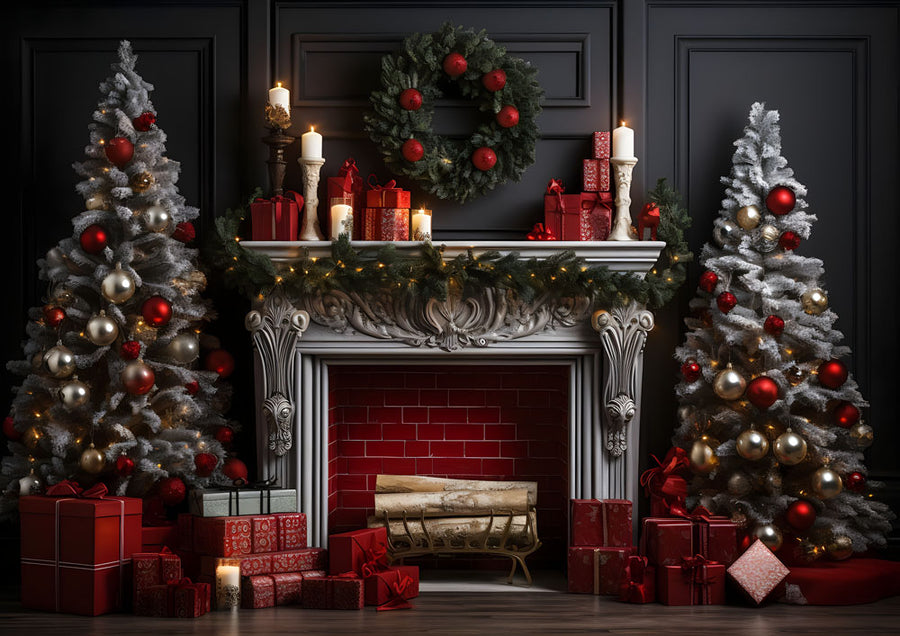 Avezano Christmas Tree and Red Fireplace 2 pcs Set Backdrop