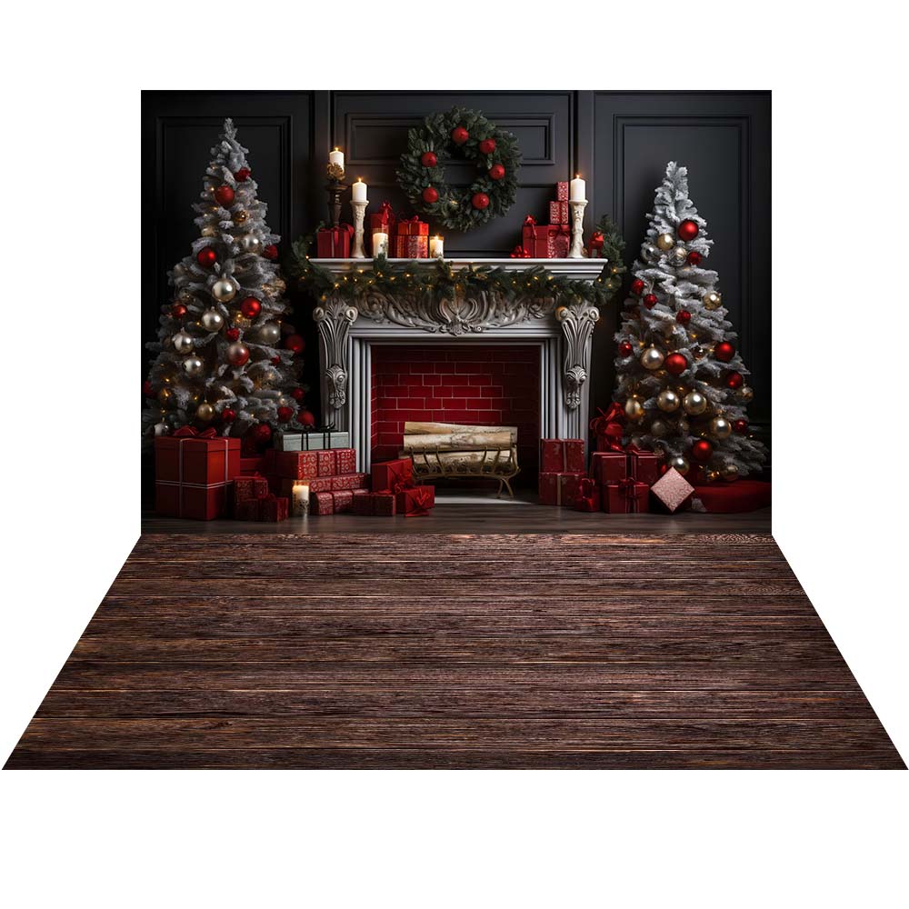 Avezano Christmas Fireplace Interior 2 pcs Set Backdrop holiday gift