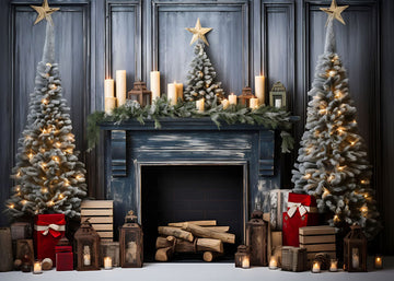 Avezano Christmas Blue Vintage Fireplace Photography Backdrop