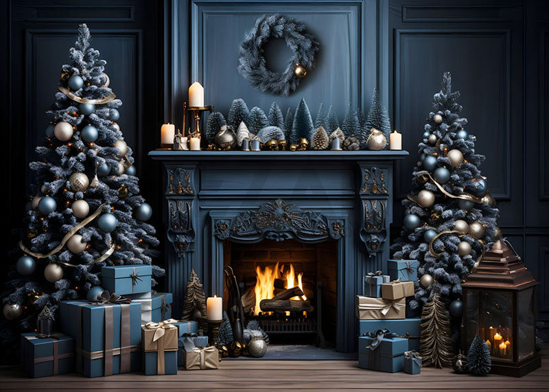 Avezano Christmas Blue Theme Christmas Tree and Fireplace Photography Backdrop
