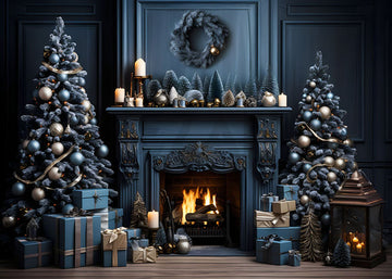 Avezano Christmas Blue Theme Christmas Tree and Fireplace Photography Backdrop