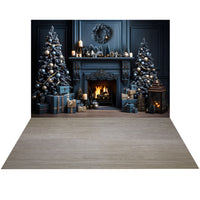 Avezano Christmas Blue Fireplace 2 pcs Set Backdrop