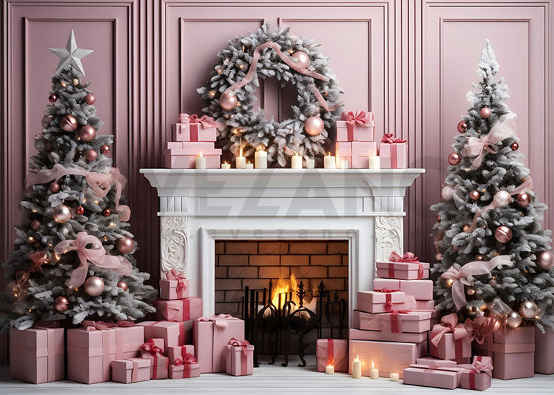 Toile de fond pour photographie de sapin de Noël rose et de cheminée d'Avezano 