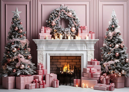 Toile de fond pour photographie de sapin de Noël rose et de cheminée d'Avezano 